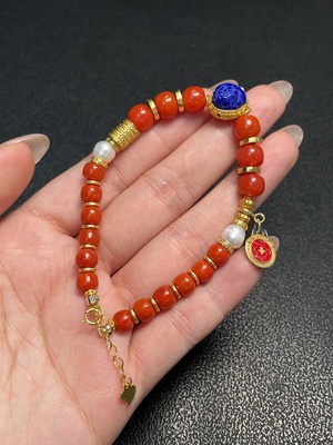 C34951510 South Red Agate Bracelet with Visible Organic Matter, Total Weight Approx. 17.37g, Bead Size 5.8-7.5mm, Paired with Pearls, Non-Gold