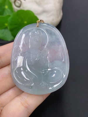 F46557579 翡翠观音牌挂件 货品总重约32.15g 18k金扣头