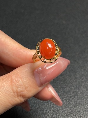 C29370190 South Red Agate Inlaid Ring, 18k Gold, Size 9, Total Weight Approx. 1.70g