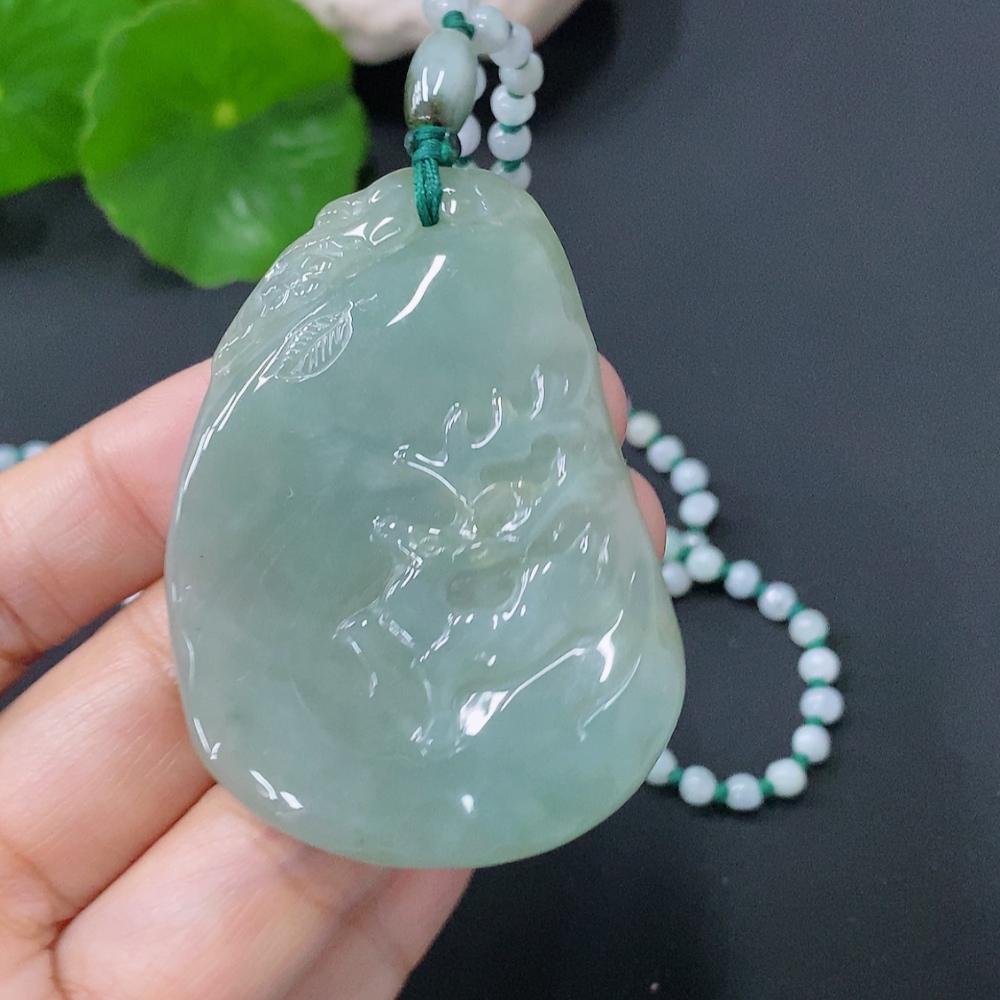 F30523229 Jadeite Pendant Deer Plaque Total Weight Approx. 37.97g Including Chain Color Origin Undetermined