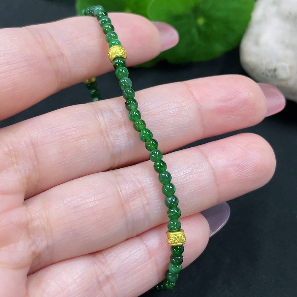 F34983096 Jadeite Bracelet Approx. 3mm Beads Total Weight Approx. 3.5g Non-gold Inlaid