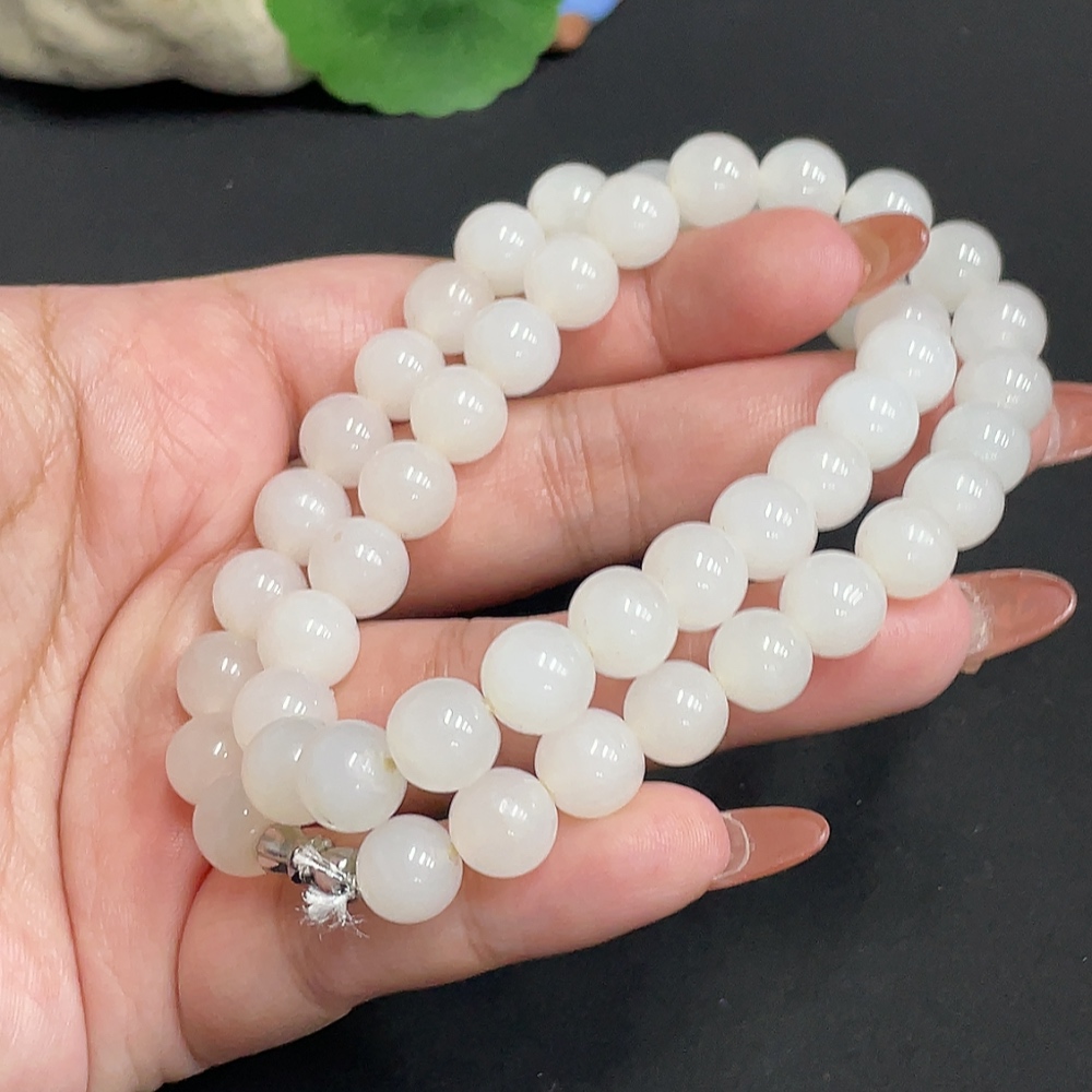 H35100014 Hetian Jade Bead Necklace, Approx. 9.1mm, Total Weight Approx. 61.5g