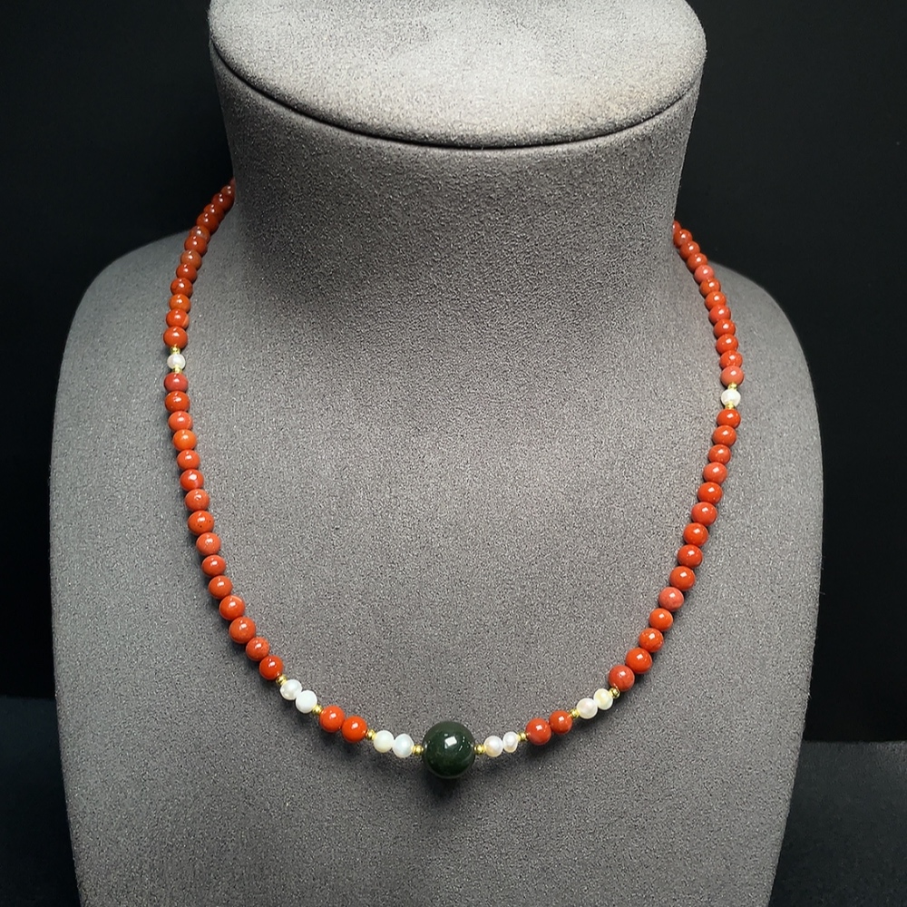 C34041493 South Red Agate Bead Necklace with Visible Organic Matter, Total Weight Approx. 14.30g, Bead Size 4.7mm, Paired with Hetian Jade and Pearls, Non-Gold