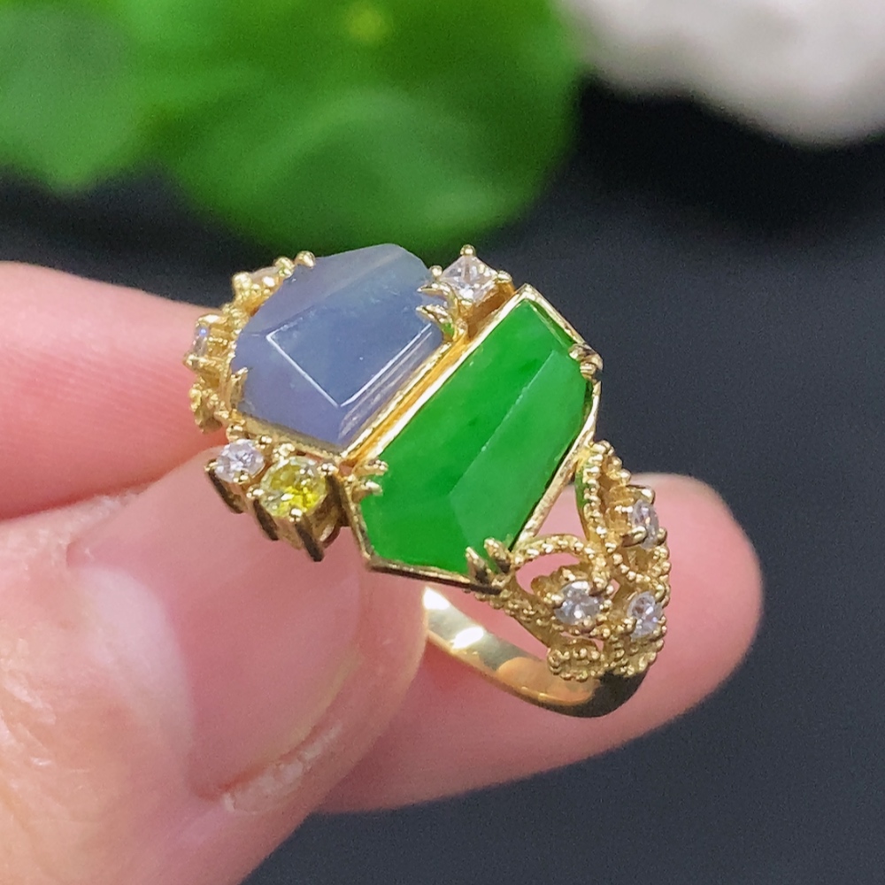 F33932348 Jadeite Inlaid Ring 18K Gold Size 15 Total Weight Approx. 5.2g (Colorless Matching Stones Are Diamonds)