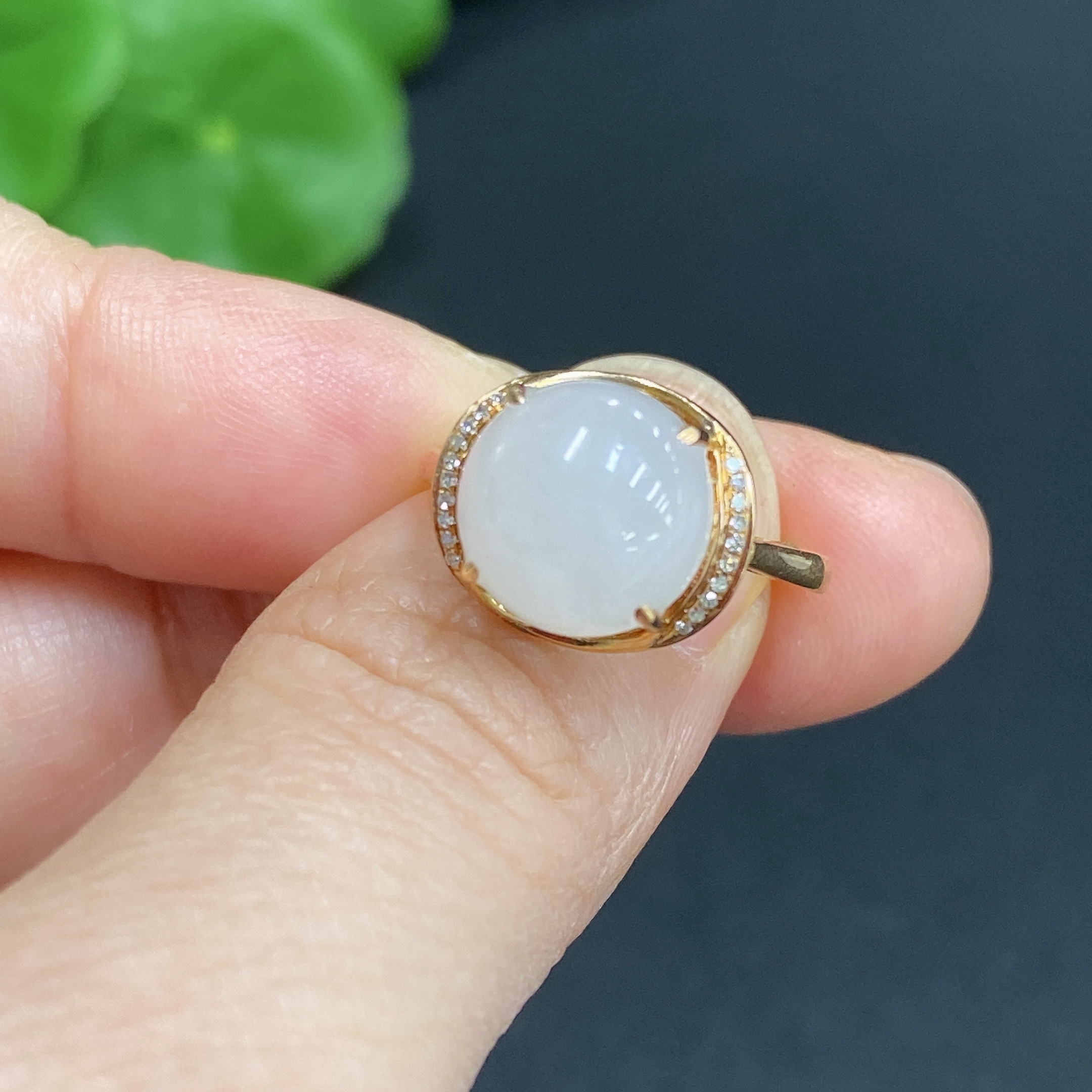 H33859041 Hetian Jade Inlaid Ring 18k Gold Size 13 with Diamond Accents Total Weight Approx. 2.2g