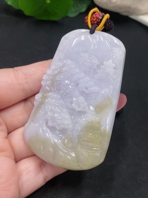 F34013379 Jadeite Landscape Pendant with a total weight of approximately 69.3 grams (including rope weight)