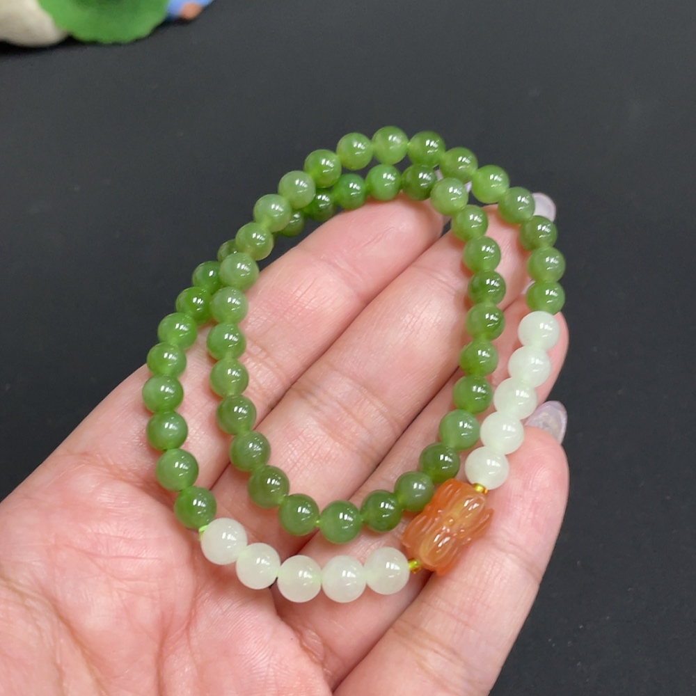 H33901538 Hetian Jade Bead Necklace Approx. 5.7mm Total Weight Approx. 20.7g with Southern Red Agate