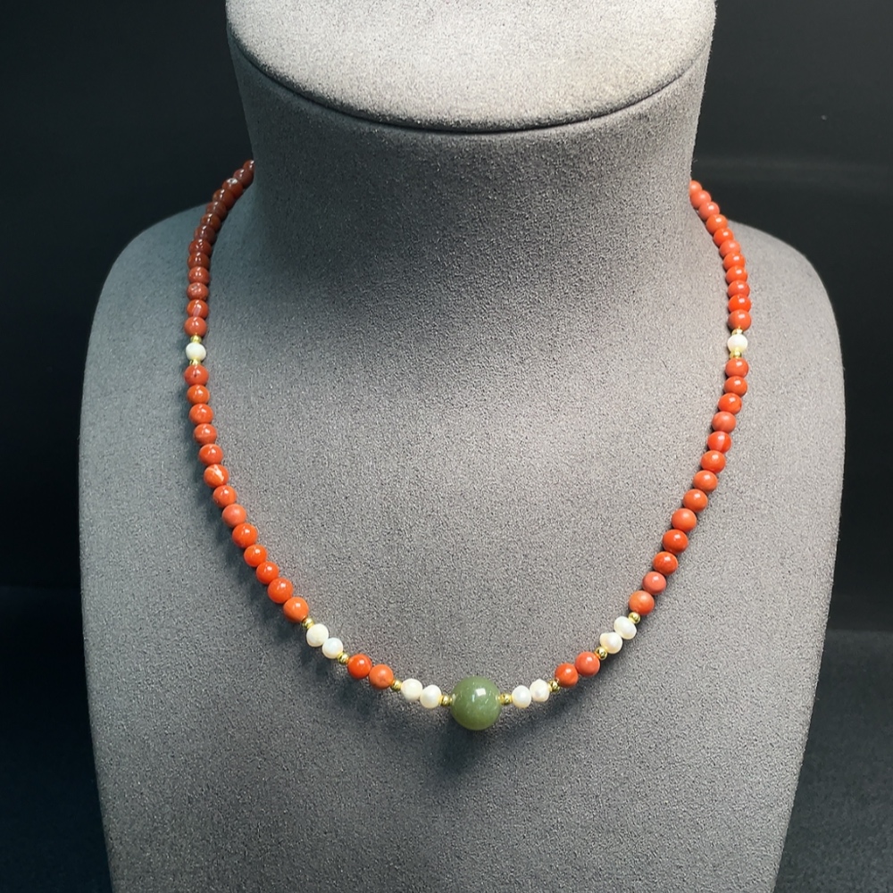 C34993148 Red Agate Bead Necklace with Visible Organic Matter, Total Weight Approx. 14.33g, Size Approx. 4.6mm, Non-Gold, Paired with Pearls and Hetian Jade