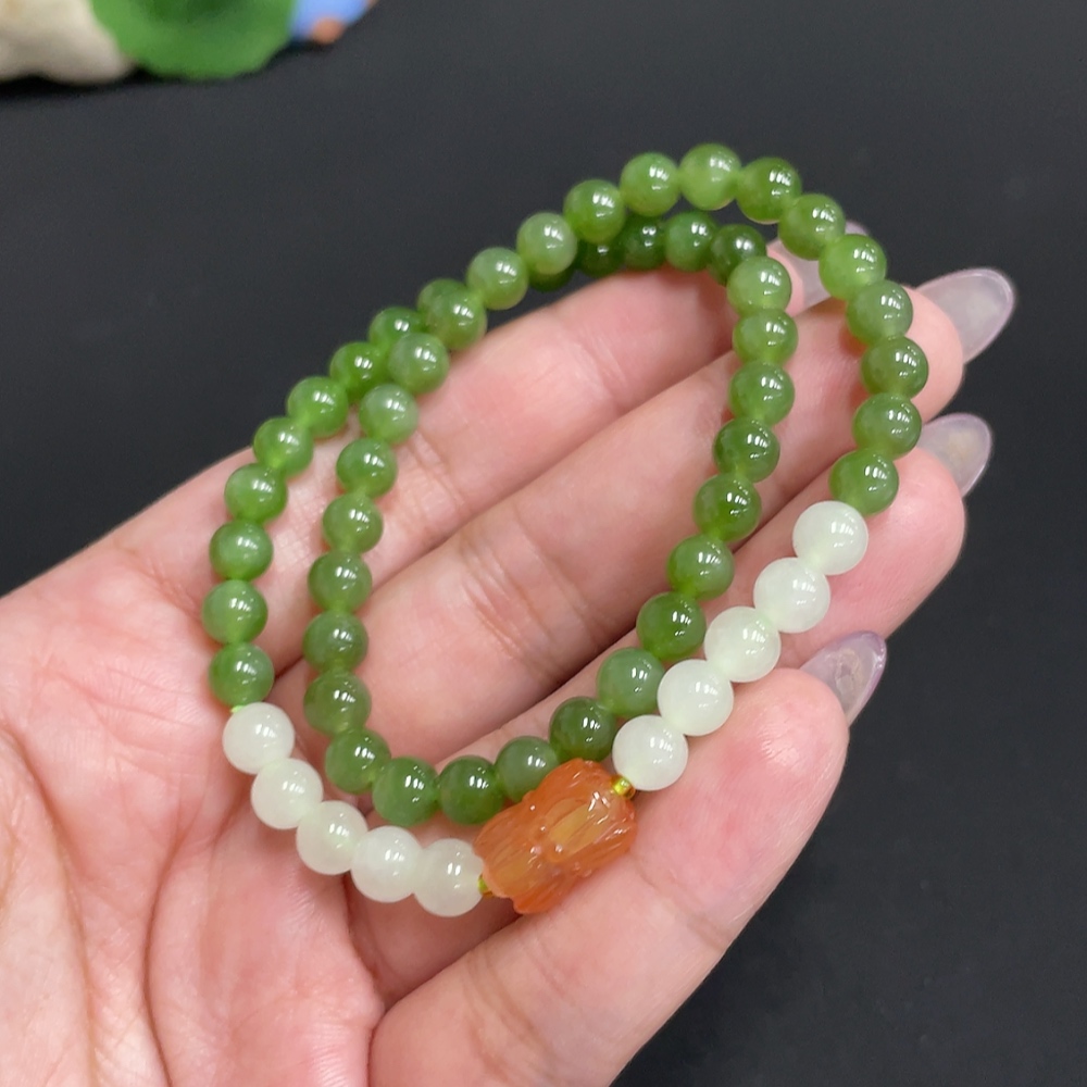 H33901538 Hetian Jade Bead Necklace Approx. 5.7mm Total Weight Approx. 20.7g with Southern Red Agate