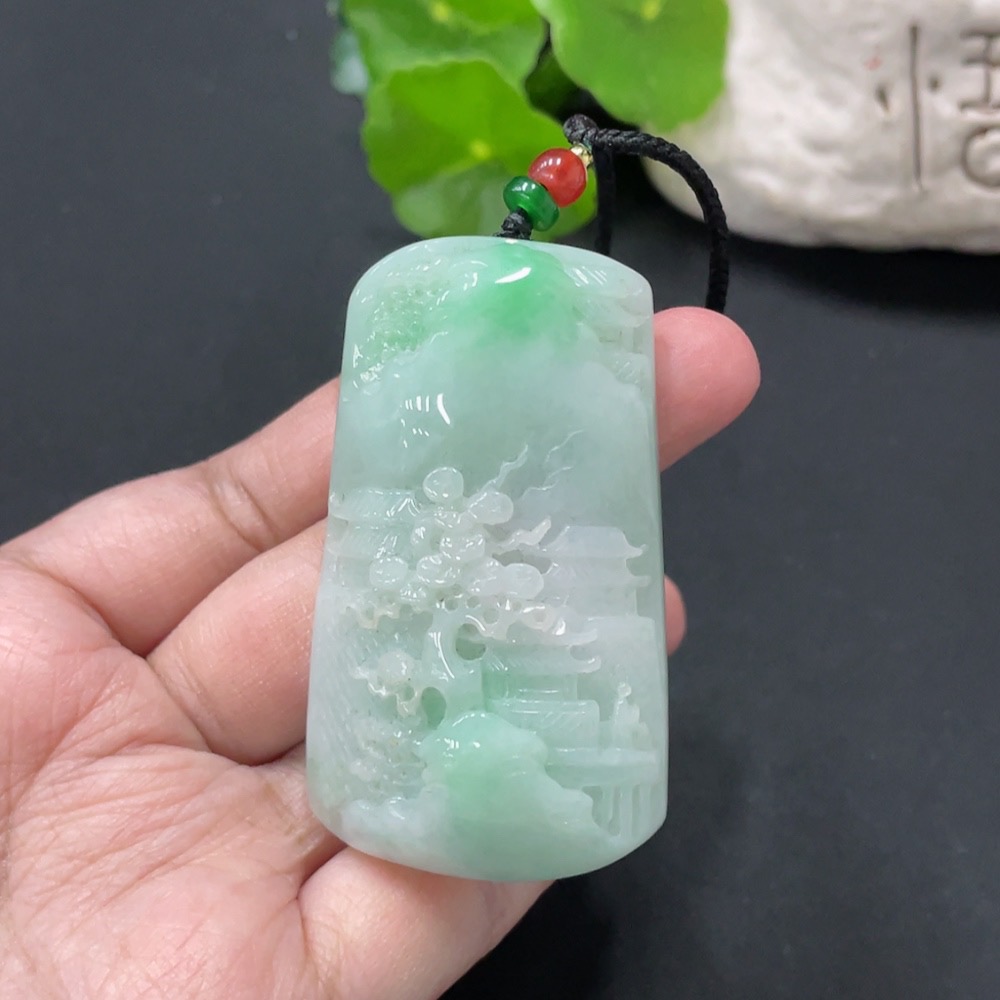 F34977295 Jadeite Pendant Landscape Plaque Total Weight Approx. 65.55g Including Rope, Beads Not Grade A