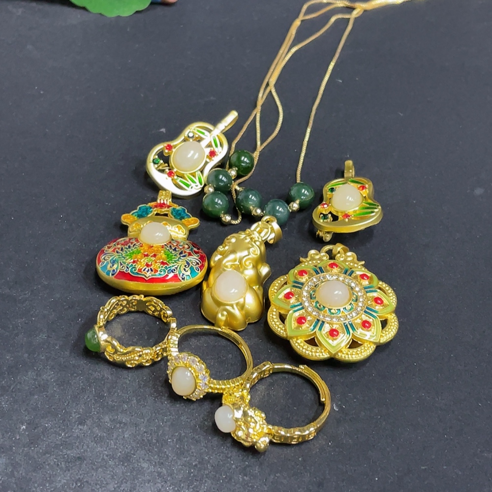H33848033 Hetian Jade Inlaid Pendant, Brooch, Necklace, Adjustable Ring