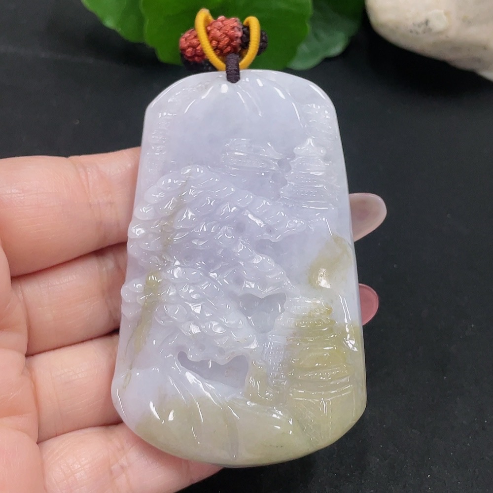 F34013379 Jadeite Landscape Pendant with a total weight of approximately 69.3 grams (including rope weight)