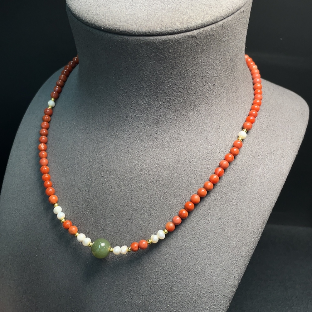 C34993148 Red Agate Bead Necklace with Visible Organic Matter, Total Weight Approx. 14.33g, Size Approx. 4.6mm, Non-Gold, Paired with Pearls and Hetian Jade
