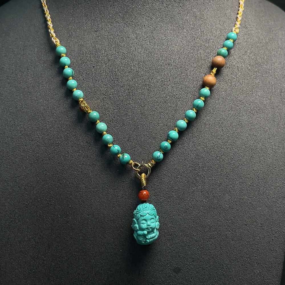 C34008553 Turquoise Pendant with Non-Natural Accent Stones, Total Weight Approx. 7.88g (Incl. Cord), Marked in Red Without Stamp, Surface Gold Content 75%, Rest Non-Gold