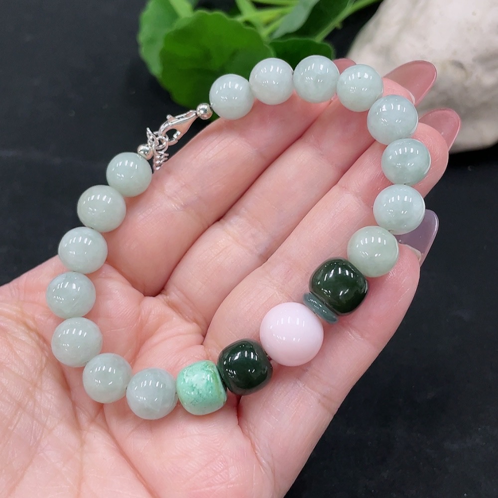 F34012270 Jadeite Bracelet Approx. 8.8mm Total Weight About 25.3g (Non-Gold Inlaid) (Matching Beads Non-A) (With Hetian Jade)