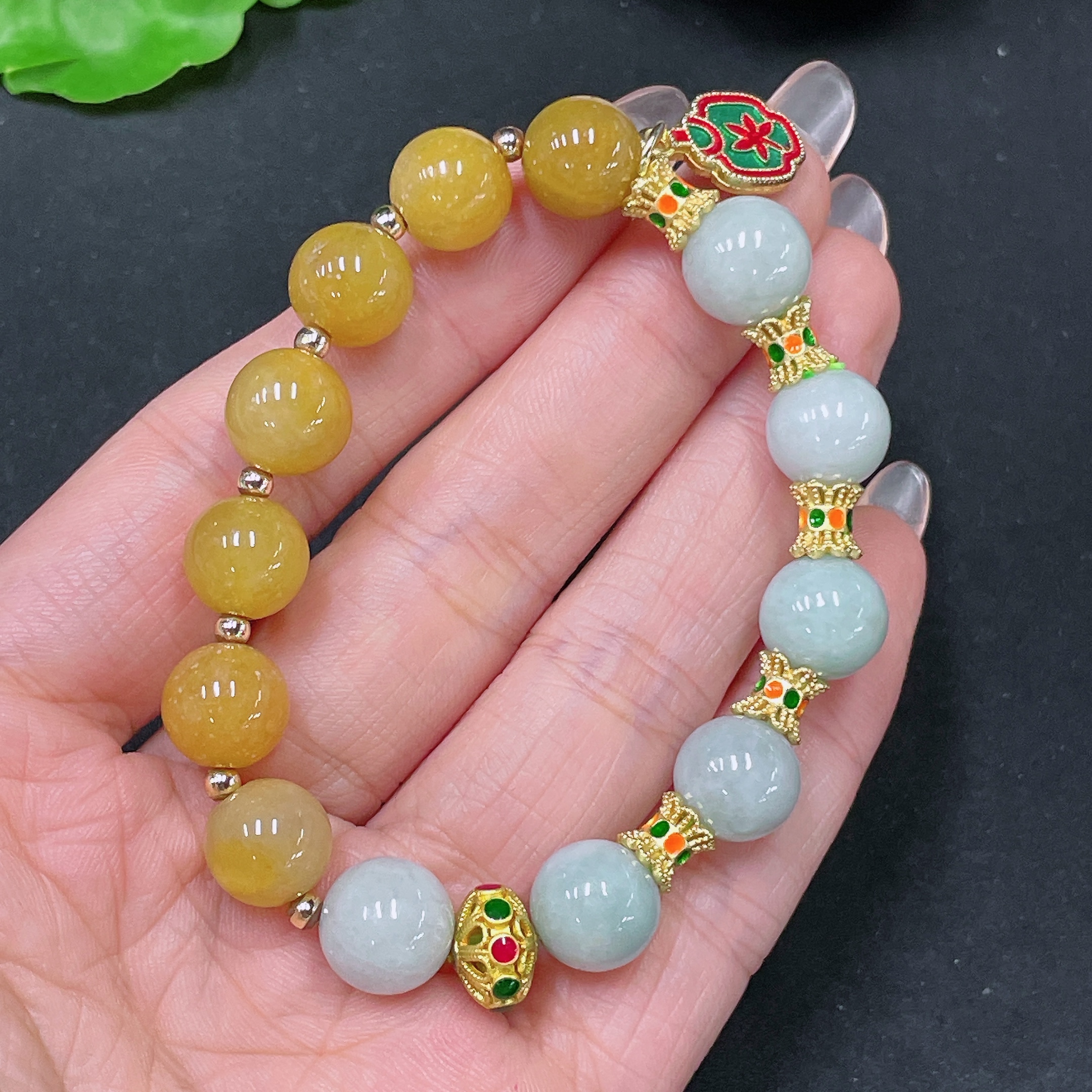 F34065317 Jadeite Bracelet Yellow Beads Non-A Total Weight Approx. 25.8g Size 10.8mm