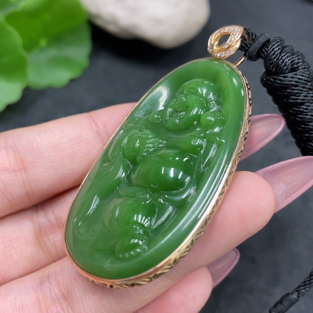 H33840403 Hetian Jade Inlaid Pendant, Buddha, Total Weight (with rope) approx. 30.2g, Large 1pc Non-Diamond, 18k