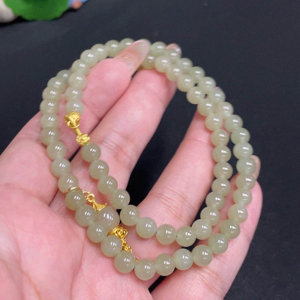 H32804412 Hetian Jade Bead Necklace Approx. 5.8mm Beads Total Weight About 23.8g Non-Gold