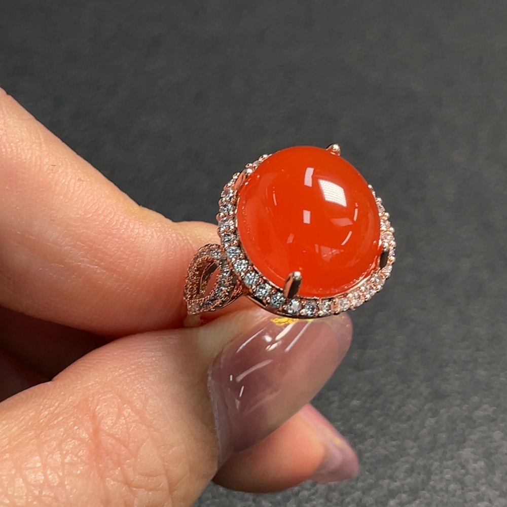 C28224829 Red Agate Inlaid Ring, Non-Gold Setting, Adjustable, Total Weight Approx. 5.99g