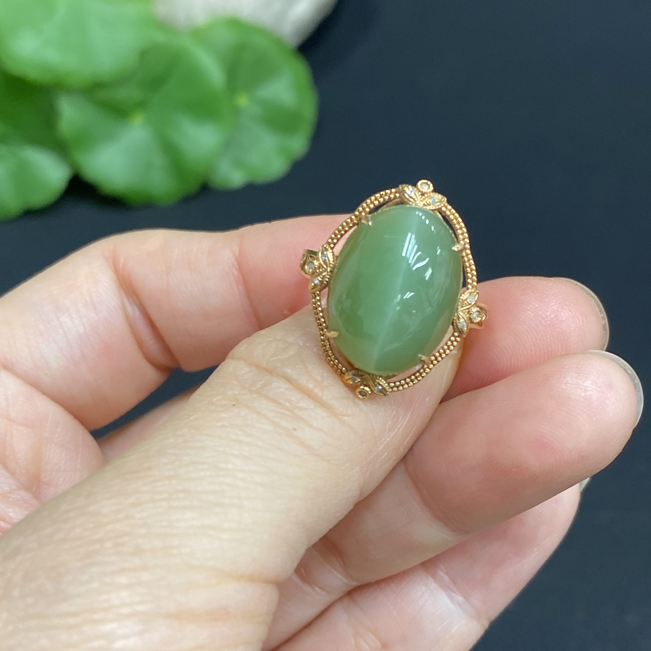 H34014389 Hetian Jade Inlaid Ring 18k Gold Size 15 Total Weight Approx. 3.2g
