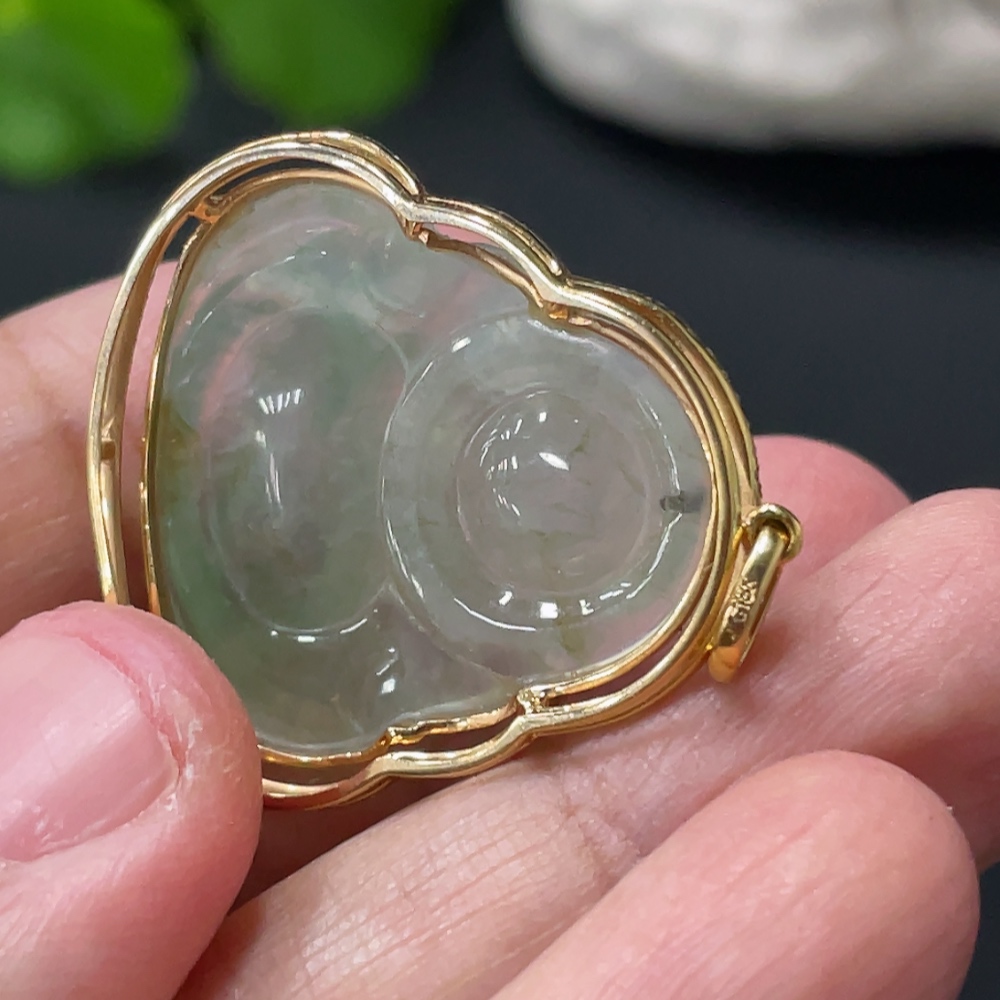 F33837840 JadeiteBuddha Pendant with 18K Gold Setting and Chain, Total Weight Approx. 10.6g, Accented with Diamonds