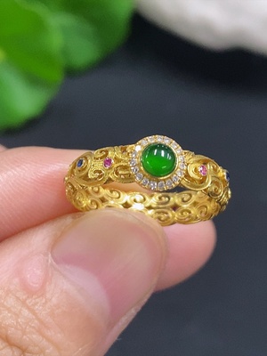 F30542577 Jadeite Cabochon Inlaid Ring 18K Gold Size 10 Total Weight Approx. 1.7g