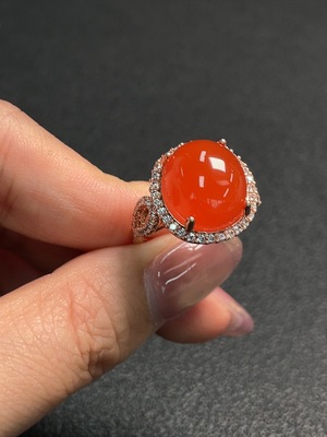 C28224829 Red Agate Inlaid Ring, Non-Gold Setting, Adjustable, Total Weight Approx. 5.99g
