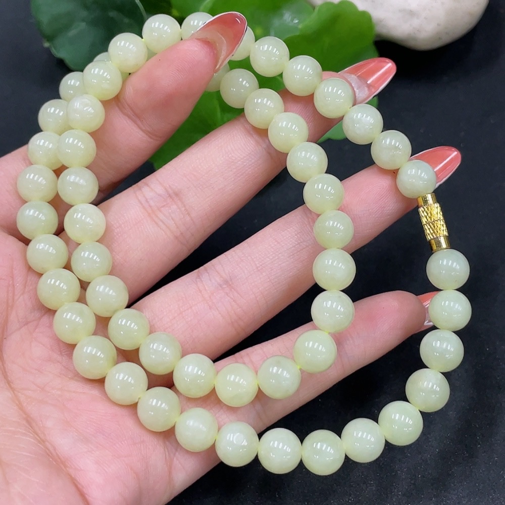 H35084610 Hetian Jade Bead Necklace Non-Gold Beads Approx. 7.8mm Total Weight Approx. 43.2g