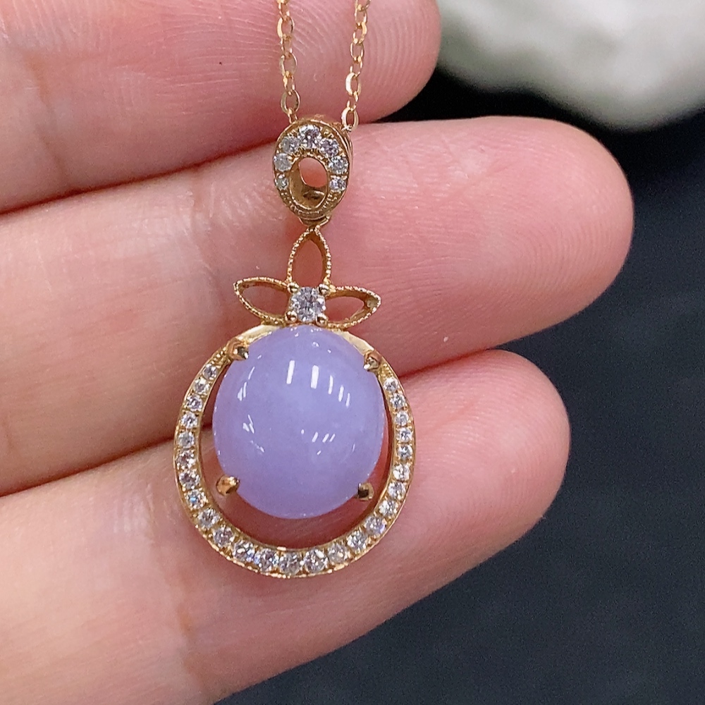 F32801708 Jadeite Cabochon Pendant with 18K Gold and Diamond Accents, Total Weight Approx. 3.7g (Including Chain)