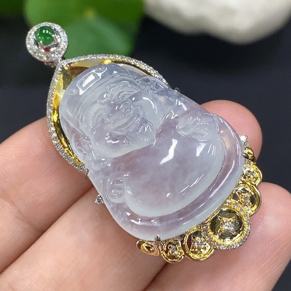 F29410950 Jadeite God of Wealth Inlaid Pendant 18K Gold Total Weight Approx. 8.1g (with Diamond Accents)
