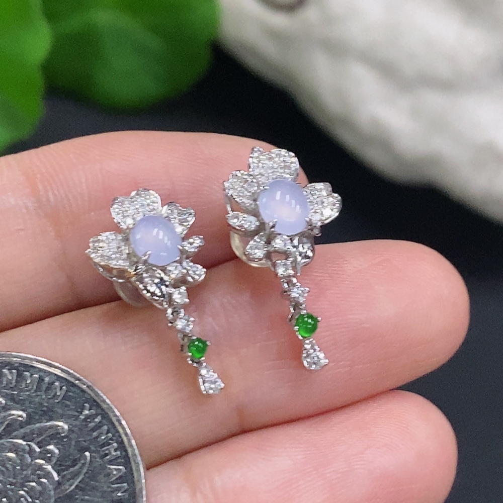 F30484017 Jadeite Cabochon Earrings 18K Gold Total Weight Approx. 2.5g (Diamond Accents)