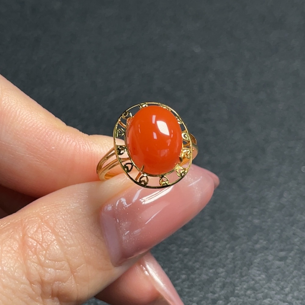 C29370190 South Red Agate Inlaid Ring, 18k Gold, Size 9, Total Weight Approx. 1.70g
