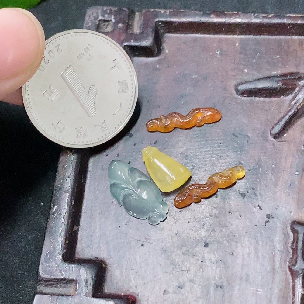 F34953654 Jadeite Inlaid Pieces Sell as a Lot Yellow-Red Part Color Origin Undetermined