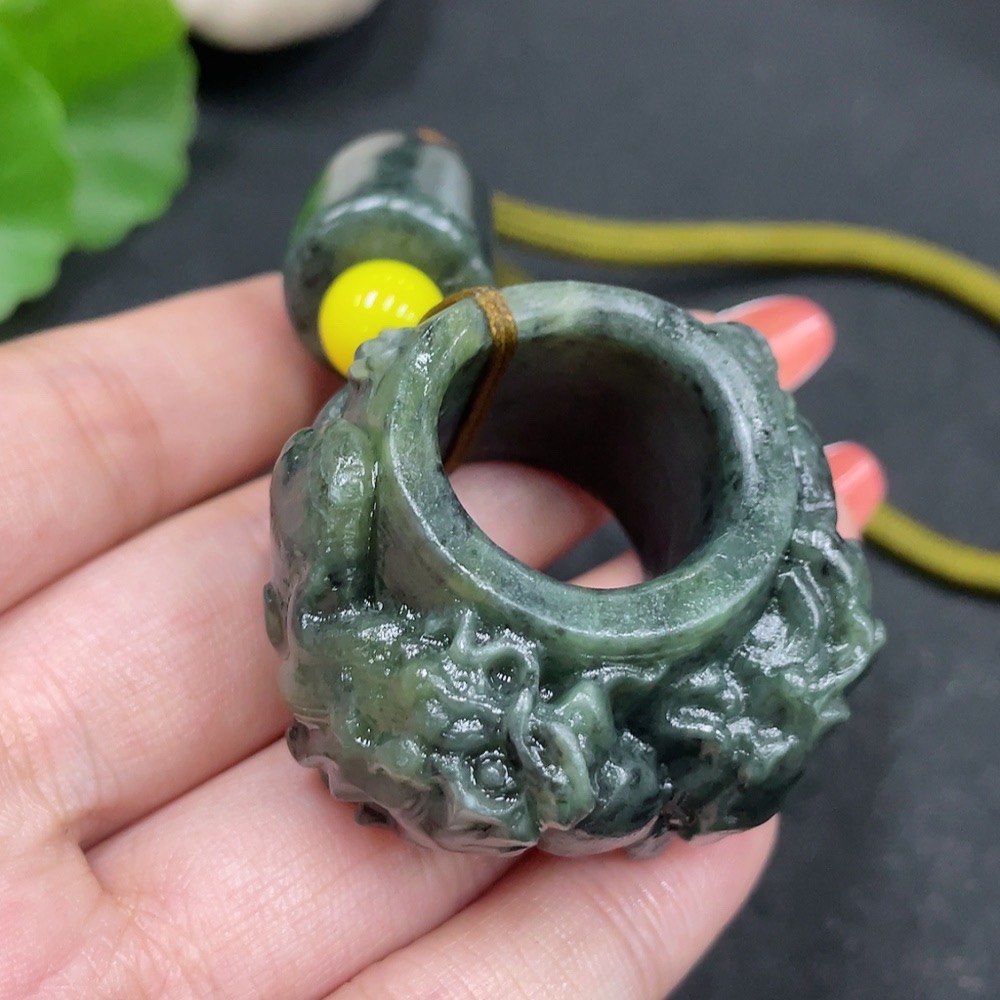 H35147522 Hetian Jade Handheld Ornament Dragon Ring with Non-Hetian Jade Beads Total Weight Approx. 67.2g (including rope)