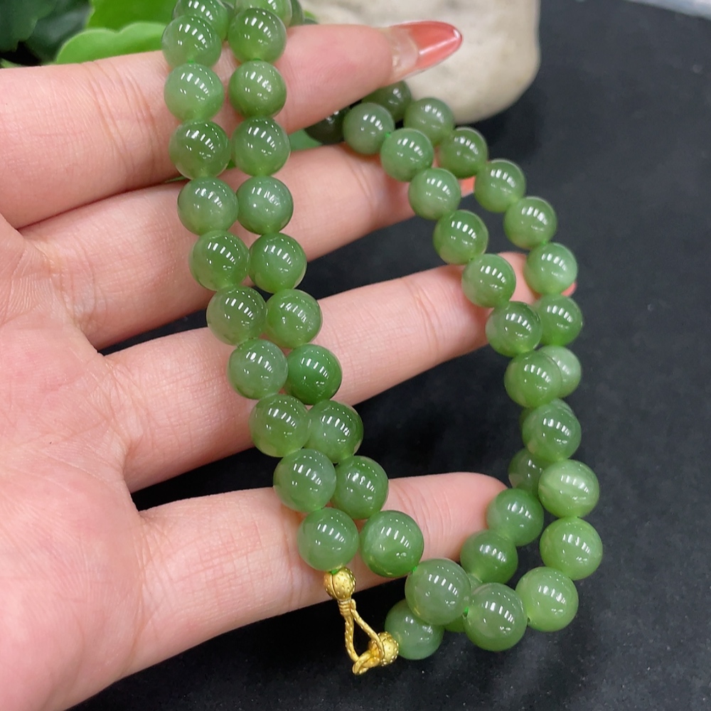 H34053449 Hetian Jade Jasper Bead Necklace, approx. 7.7mm, non-gold inlaid, total weight approx. 42.7g