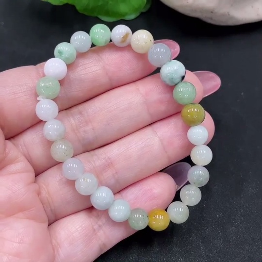 F34983107 Jadeite Beads Approx. 7.4mm Total Weight Approx. 13.4g (Yellow Part Color Cause Undetermined) (Containing Other Mineral Components)