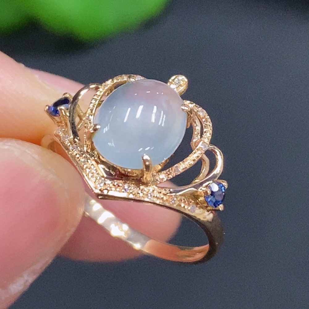 F28192091 Jadeite Cabochon Set Ring 18k Gold Setting Size 14 Total Weight Approx. 1.8g with Diamond Accents