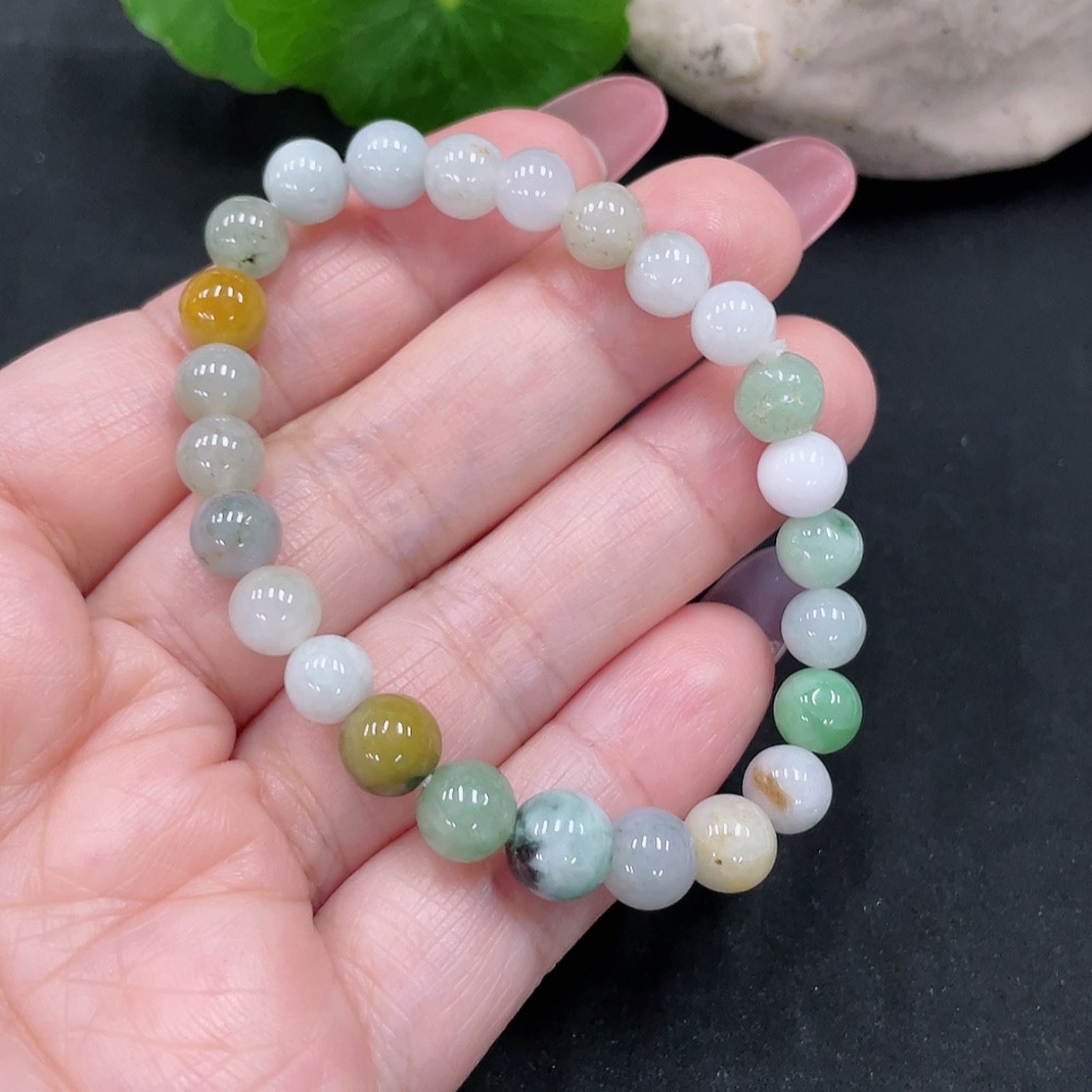 F34983107 Jadeite Beads Approx. 7.4mm Total Weight Approx. 13.4g (Yellow Part Color Cause Undetermined) (Containing Other Mineral Components)