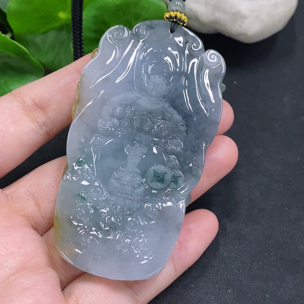 F34000183 Jadeite Pendant God of Wealth with Other Mineral Components Including Rope Total Weight Approx. 74.6g