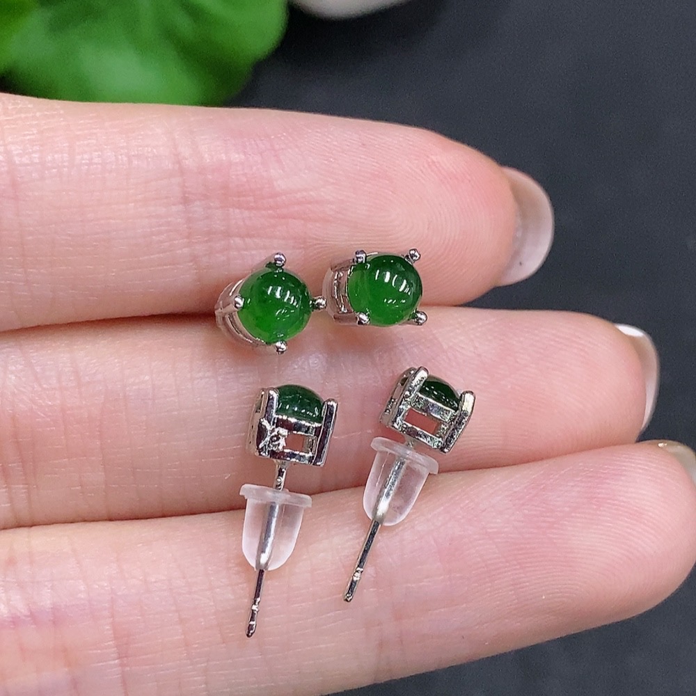 F34035130 Jadeite Cabochon Stud Earrings Sell as a Lot Non-Gold Setting