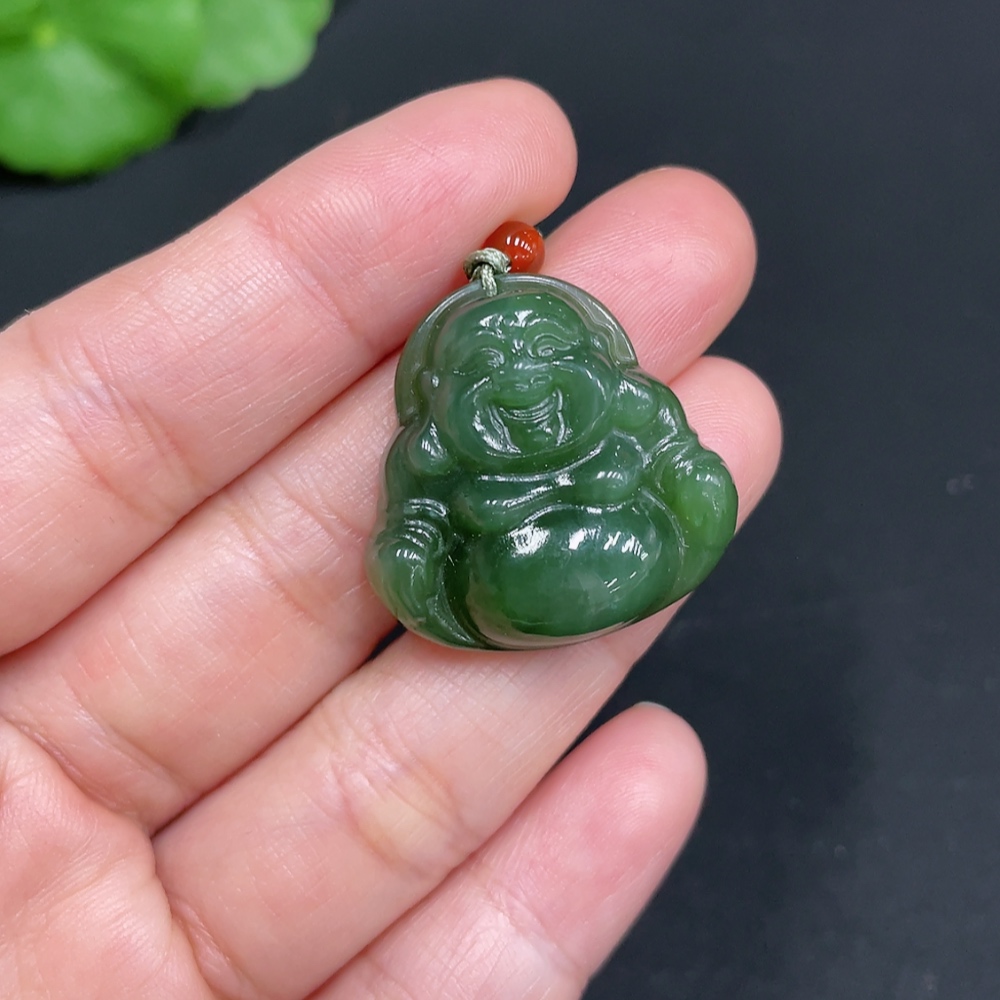 H34037751 Hetian Jade Jasper Pendant - Buddha Figure - Total Weight (with rope): 8.5g