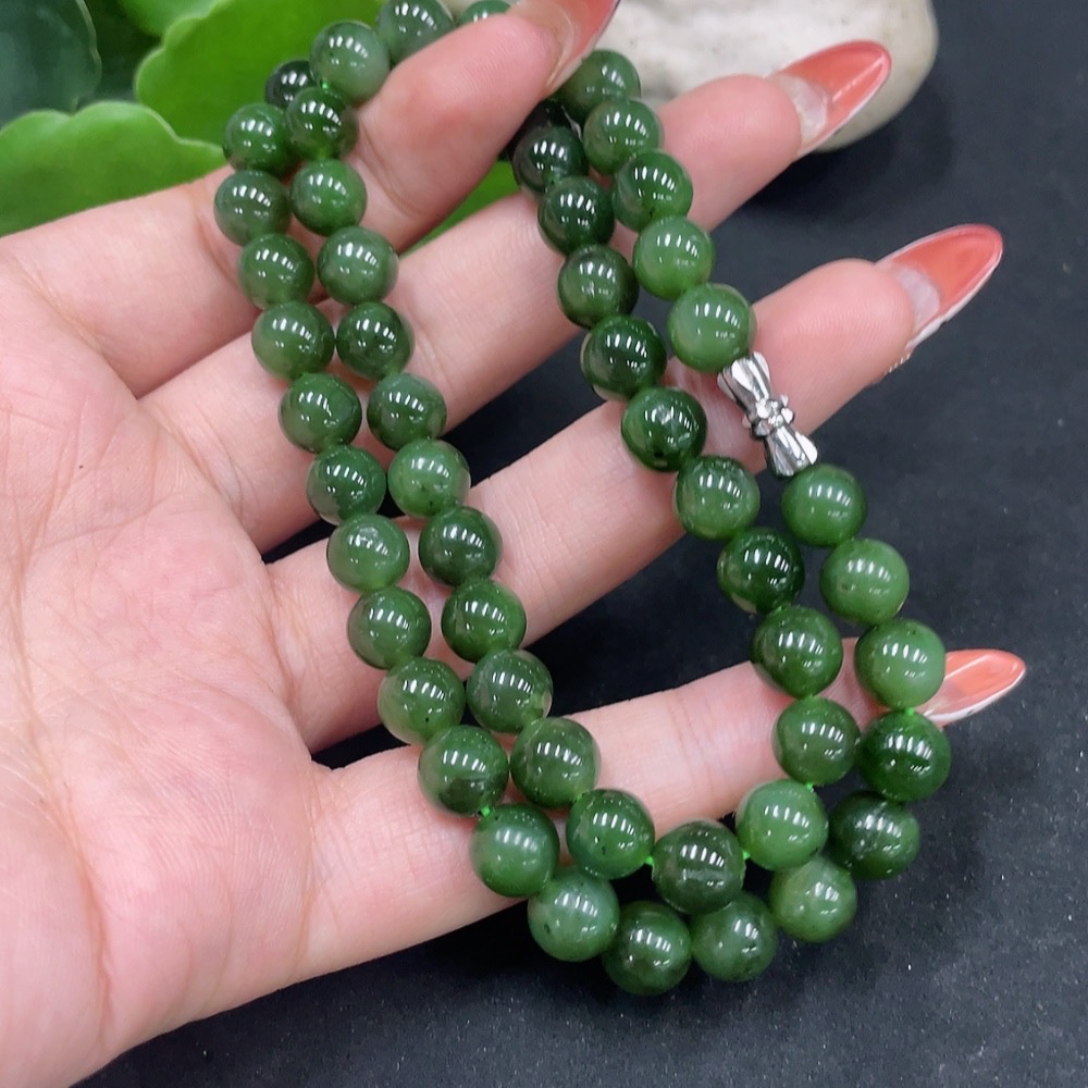 H34062393 Hetian Jade Jasper Bead Necklace Approx. 8mm Non-Gold Total Weight About 43.9g