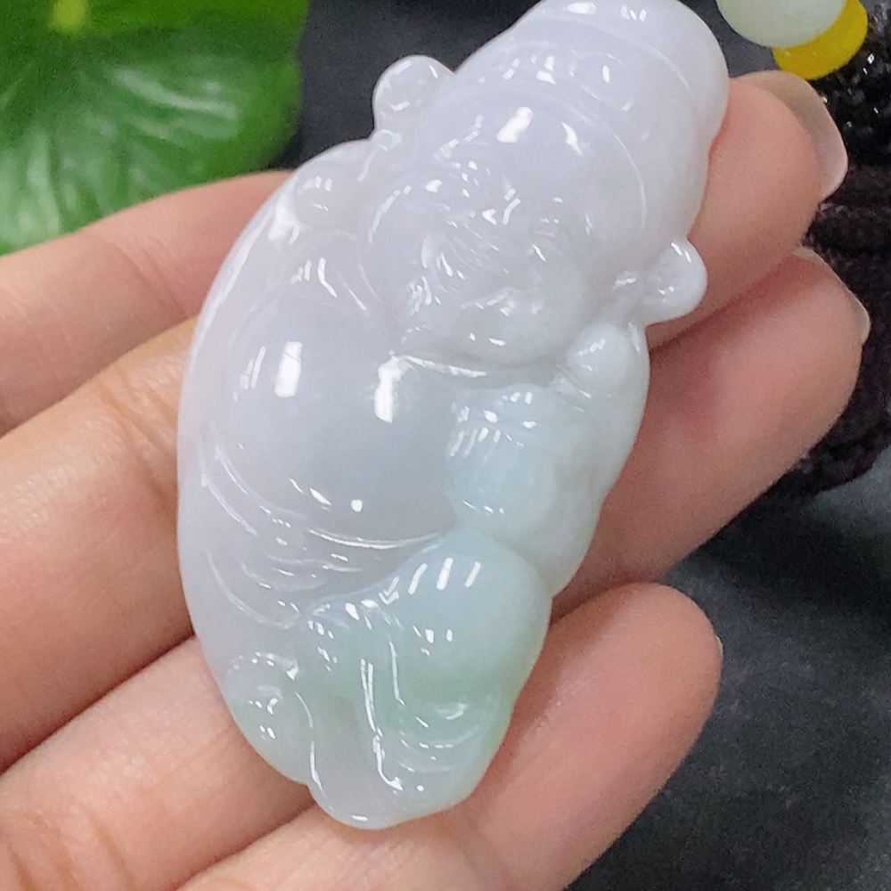 F34041898 Jadeite Pendant of God of Wealth Total Weight Approx. 16.7g Including Rope Non-A Grade Beads
