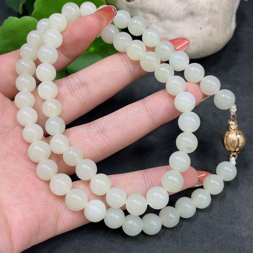 H34016810 Hetian Jade Bead Necklace, Approx. 8.1mm, Non-Gold Inlaid, Total Weight Approx. 52.9g