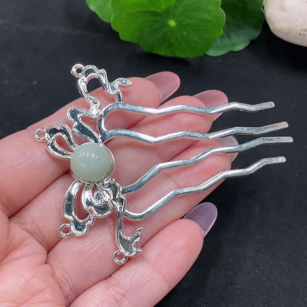 F34982886 Jadeite Inlaid Hairpin Total Weight Approx. 9.1g (Non-Gold Inlaid)