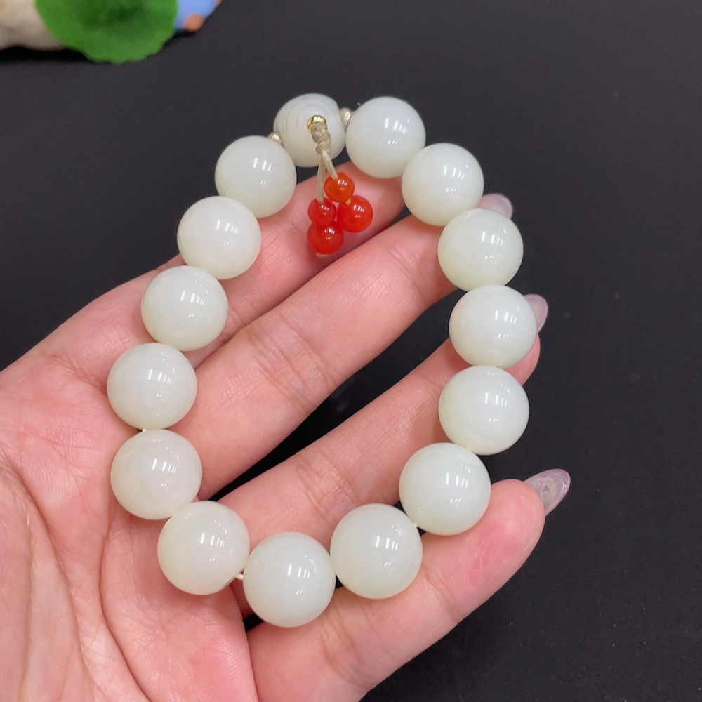 H33881630 Hetian Jade Bracelet, Approx. 13.7mm, Total Weight Approx. 63.8g, Contains Other Mineral Components, Beads Not Hetian Jade