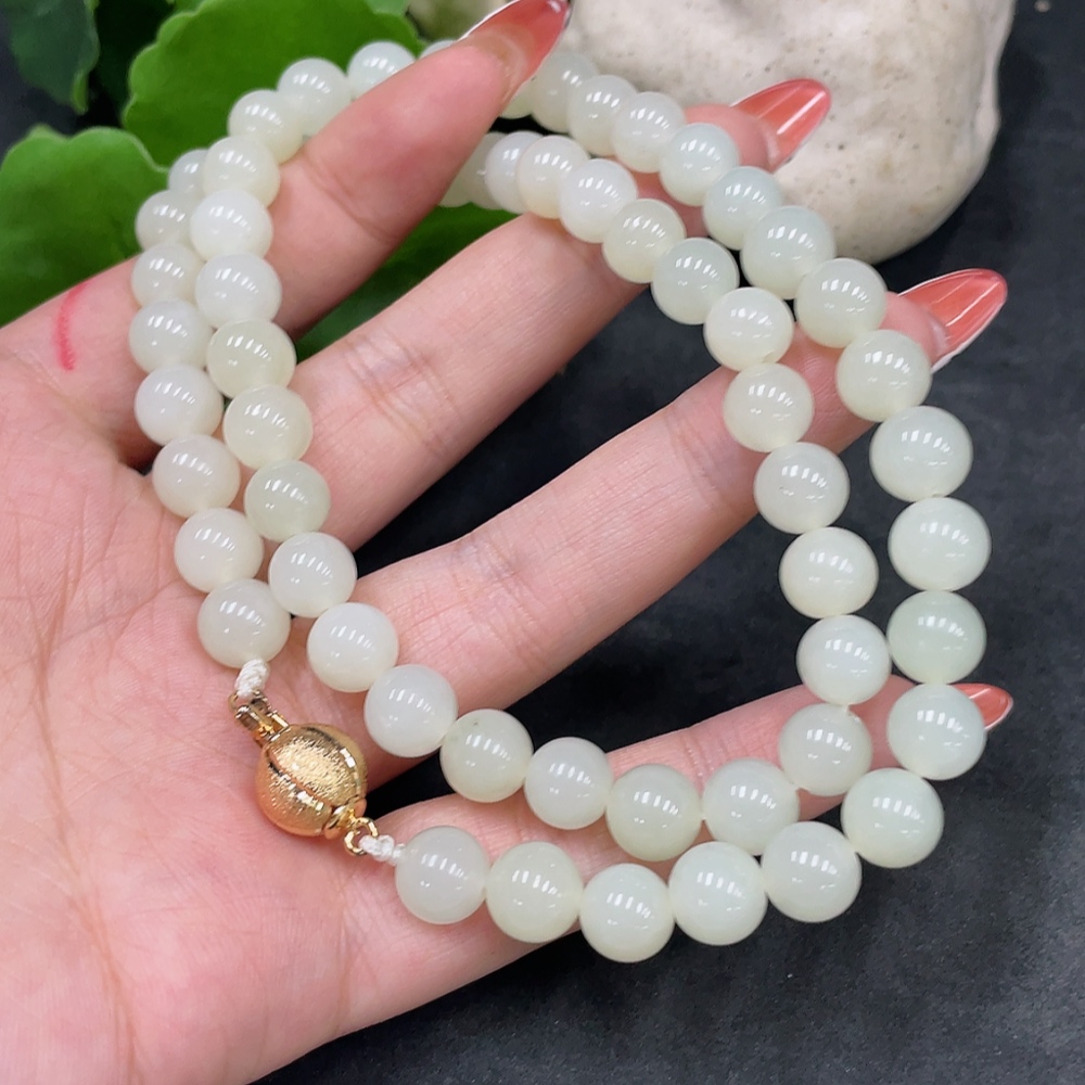 H34016810 Hetian Jade Bead Necklace, Approx. 8.1mm, Non-Gold Inlaid, Total Weight Approx. 52.9g