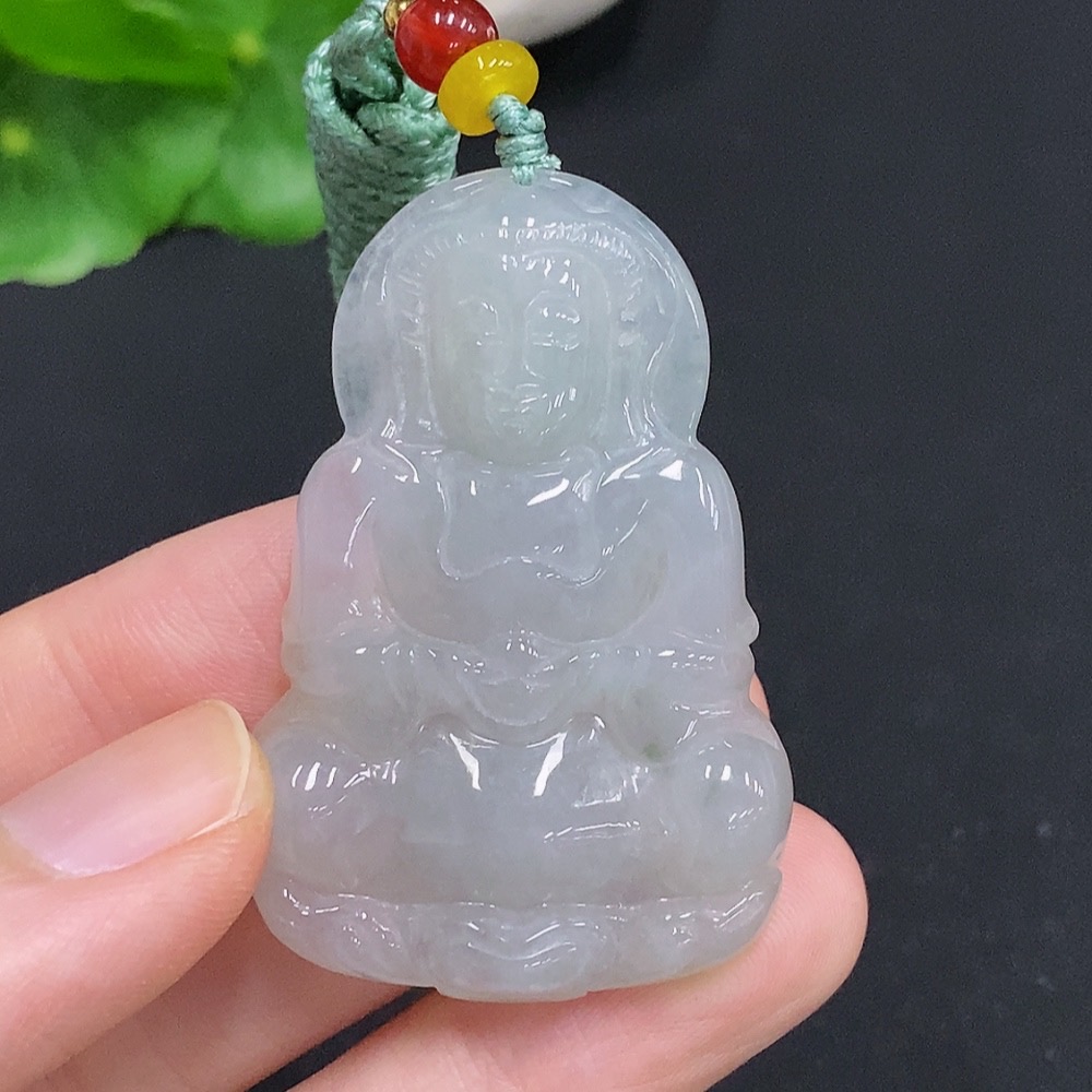F32757816 Jadeite Guanyin Pendant with a total weight of approximately 18.1 grams (including rope weight) and non-jadeite beads