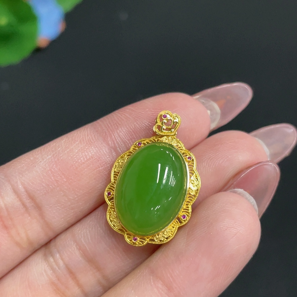 H26001429 Hetian Jade Inlaid Pendant, Cabochon, 18k, Total Weight Approx. 3.5g