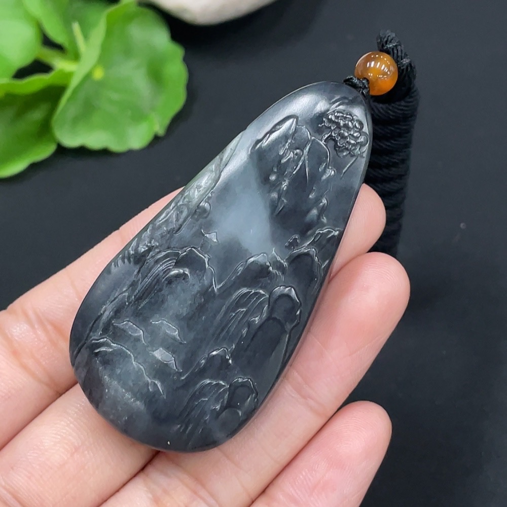 H28268983 Hetian Jade Pendant - Landscape Plaque, Total Weight (including rope): 33.4g